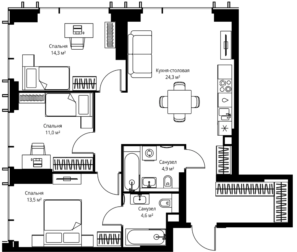 3-комн., 87.4 м², 24/59 этаж, ЖК «Веер»
