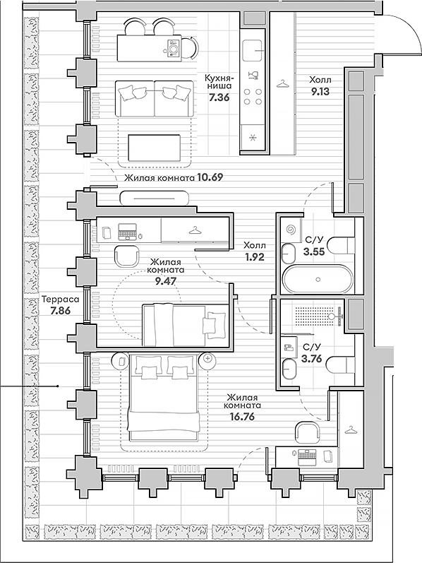 3-комн., 62.64 м², 8/44 этаж, ЖК «ИНДИВО»
