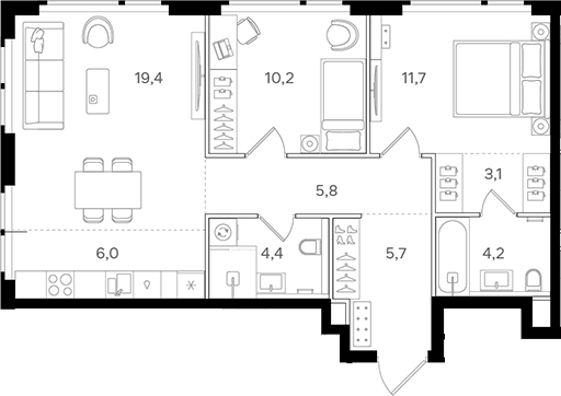 3-комн., 70.5 м², 20/31 этаж, ЖК «НАЗАРЕ»