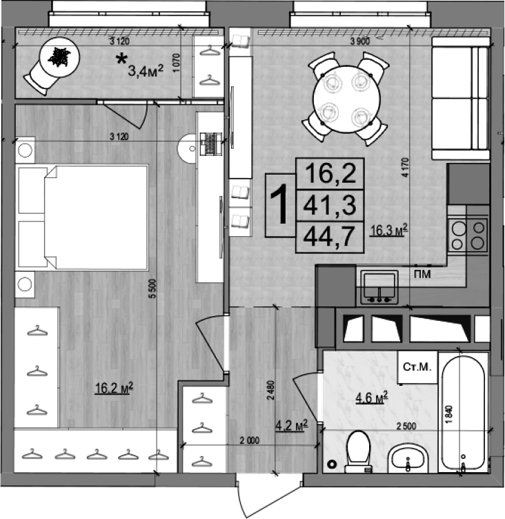 2-комн., 41.3 м², 14/18 этаж, ЖК «Гранд Комфорт»
