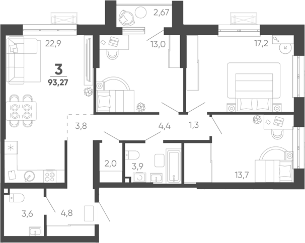 3-комн. квартира, 92.47 м² в ЖК Барса — фото 2