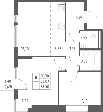 3-комн., 56.07 м², 3/13 этаж, ЖК «Горки Парк»