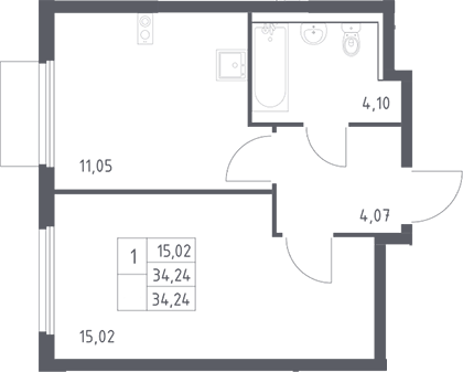 1-комн., 34.24 м², 16/17 этаж, ЖК «Пригород Лесное»