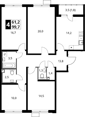 4+ комнаты, 99.3 м², 9/23 этаж, ЖК «Южная Битца»