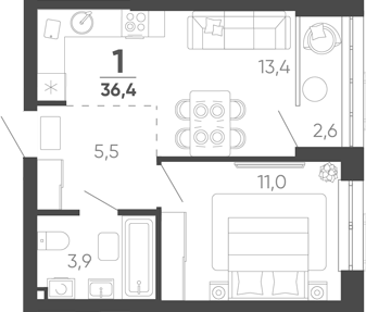 1-комн. квартира, 35.1 м² в ЖК Барса — фото 2