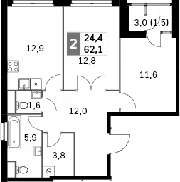 2-комн., 59.6 м², 38/43 этаж, ЖК «Скай Гарден»
