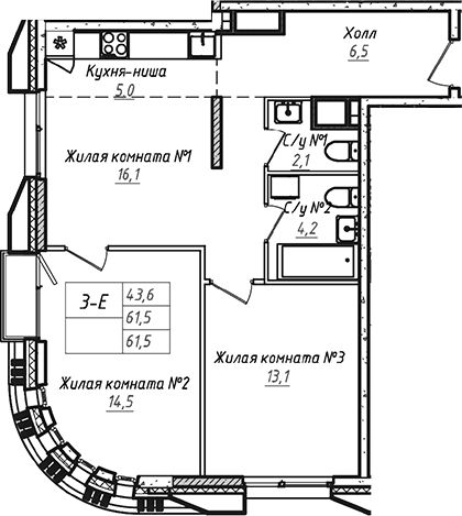 3-комн., 61.5 м², 3/17 этаж, ЖК «УНО.Соколиная гора»