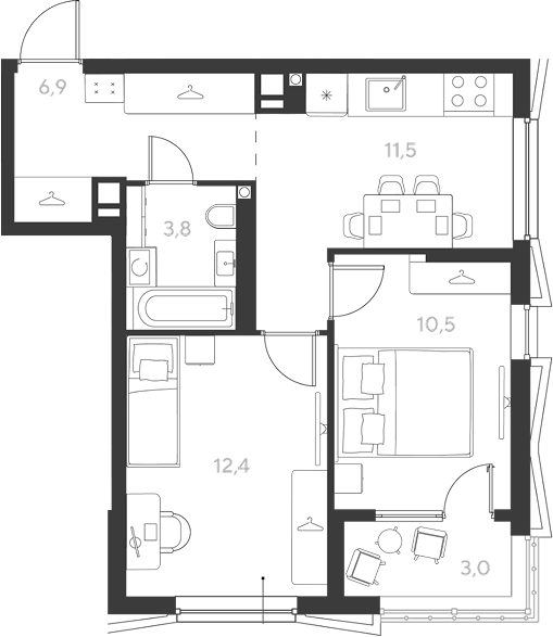 2-комн., 46.6 м², 3/9 этаж, ЖК «Ридз»
