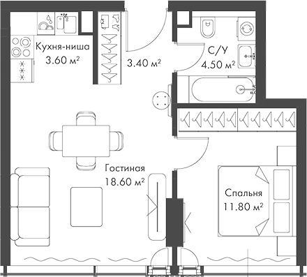 2-комн., 41.9 м², 24/37 этаж, ЖК «Слава»