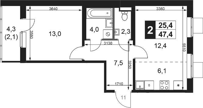 2-комн., 45.3 м², 16/18 этаж, ЖК «1-й Ясеневский»