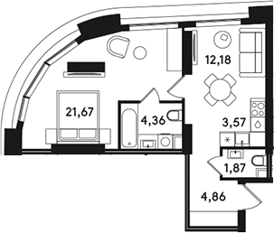 2-комн., 48.51 м², 34/49 этаж, ЖК «СОЛОС»