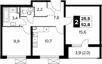 2-комн., 50.8 м², 21/22 этаж, ЖК «Южная Битца»