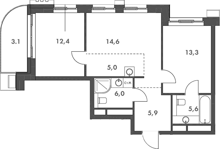 3-комн., 62.8 м², 15/19 этаж, ЖК «Родина Парк»