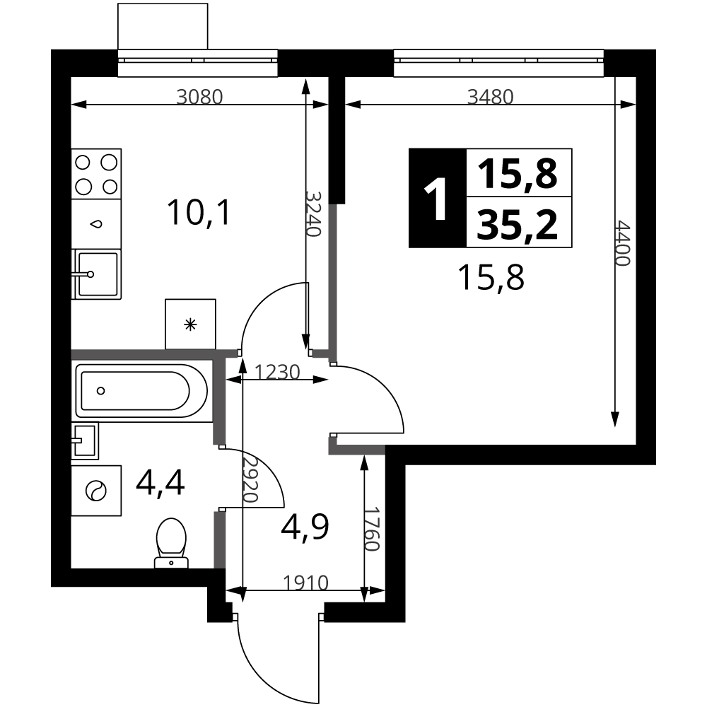 1-комн., 35.2 м², 2/18 этаж, ЖК «1-й Ясеневский»