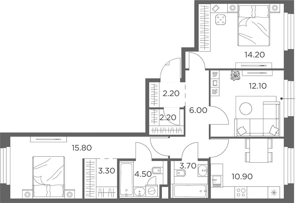 3-комн., 74.9 м², 5/20 этаж, ЖК «Белый Град»