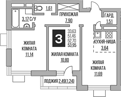 3-комн., 51.46 м², 2/23 этаж, ЖК «Гранель Ильинойс»