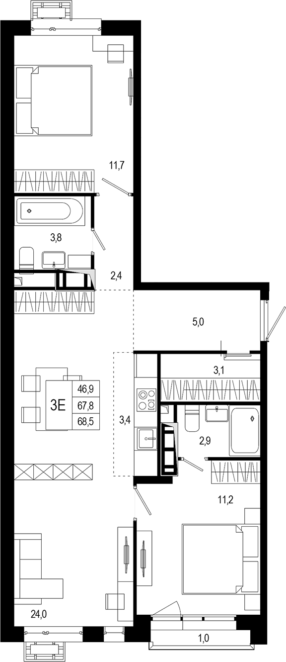 3-комн., 70.2 м², 5/6 этаж, ЖК «Новая Щербинка»