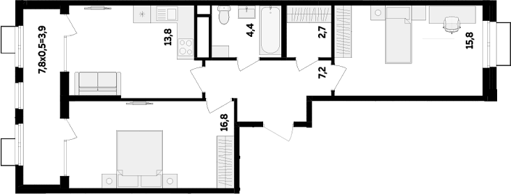 2-комн., 60.7 м², 9/16 этаж, ЖК «МегаСити»
