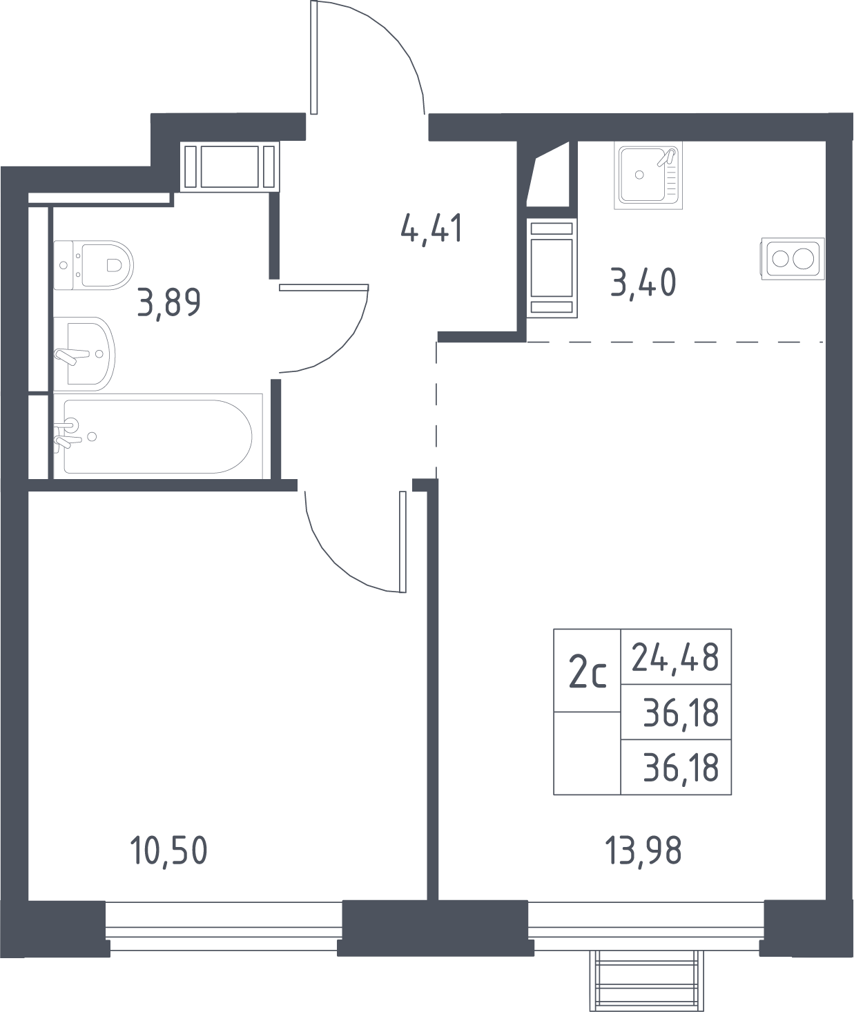 2-комн., 36.18 м², 17/17 этаж, ЖК «Прибрежный Парк»