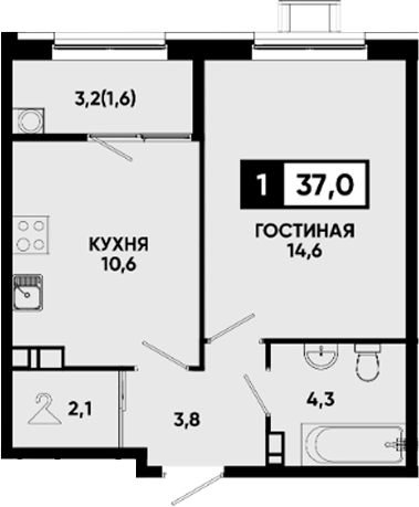1-комн., 35.4 м², 5/14 этаж, ЖК «Квартал на курорте Моя Легенда»