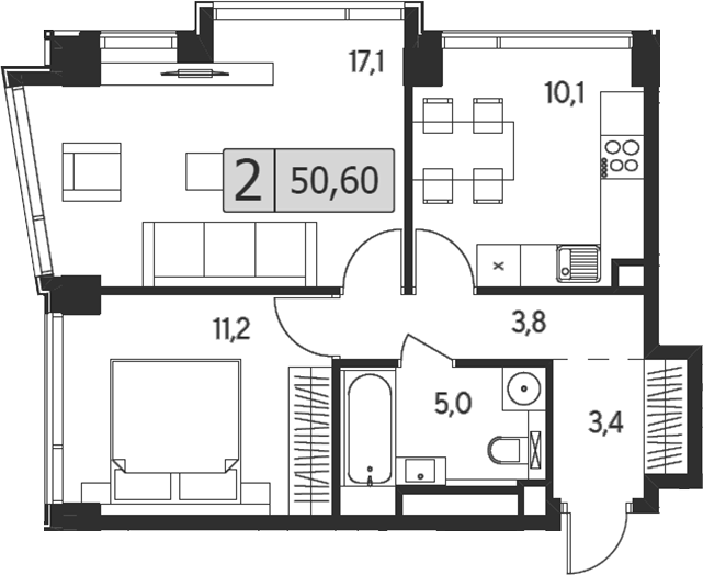 2-комн., 50.6 м², 22/23 этаж, ЖК «Инди Тауэрз от Аквилон»