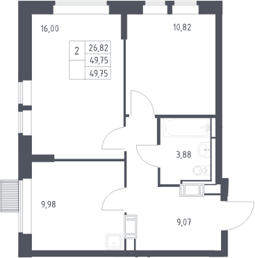 2-комн., 49.75 м², 23/25 этаж, ЖК «Большое Путилково»