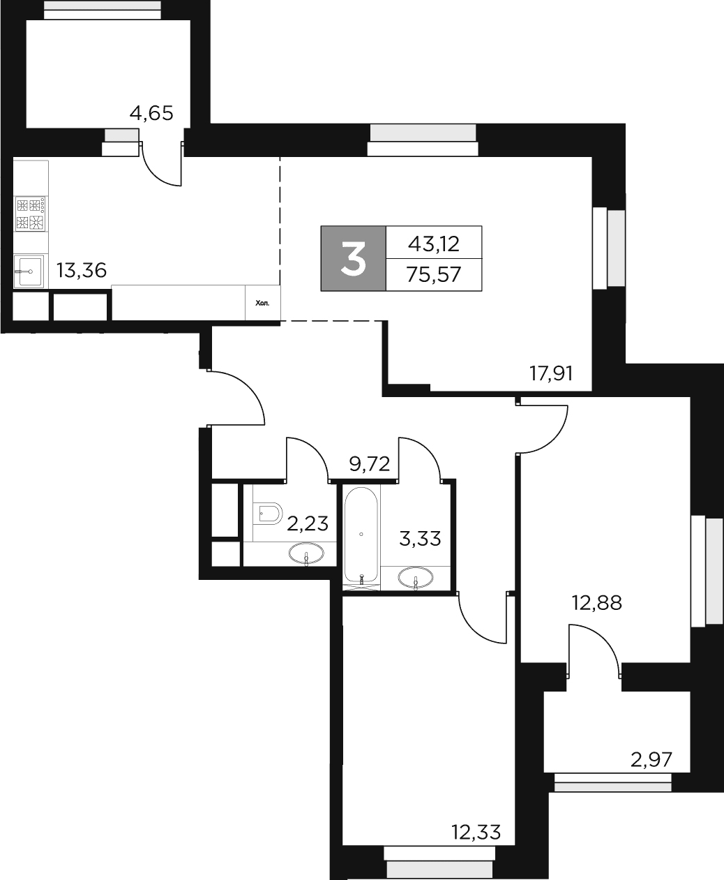 3-комн., 71.75 м², 7/8 этаж, ЖК «Восток 2»