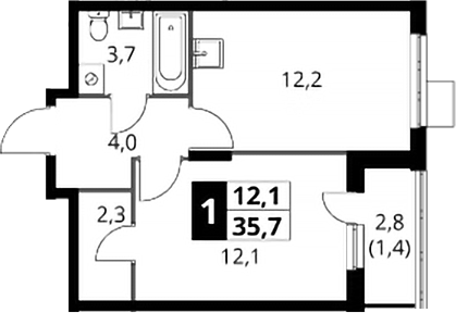1-комн., 34.3 м², 24/24 этаж, ЖК «1-й Донской»