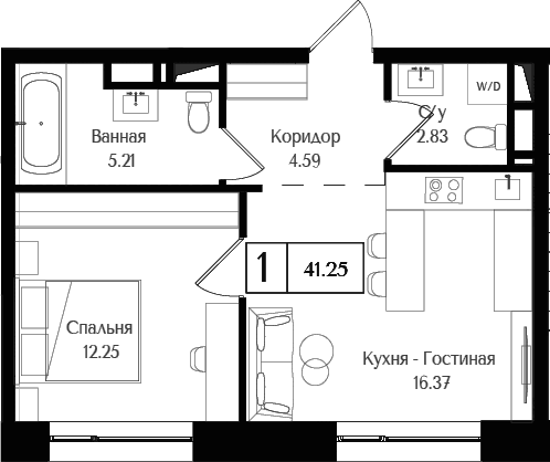 1-комн., 41.25 м², 17/17 этаж, ЖК «Преображенская площадь»