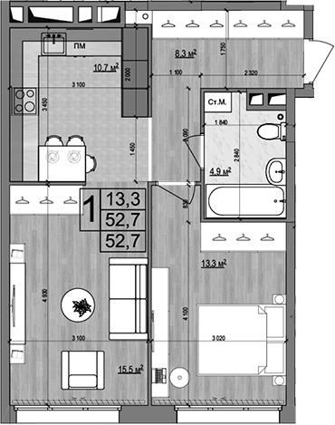 2-комн., 52.7 м², 2/18 этаж, ЖК «Гранд Комфорт»
