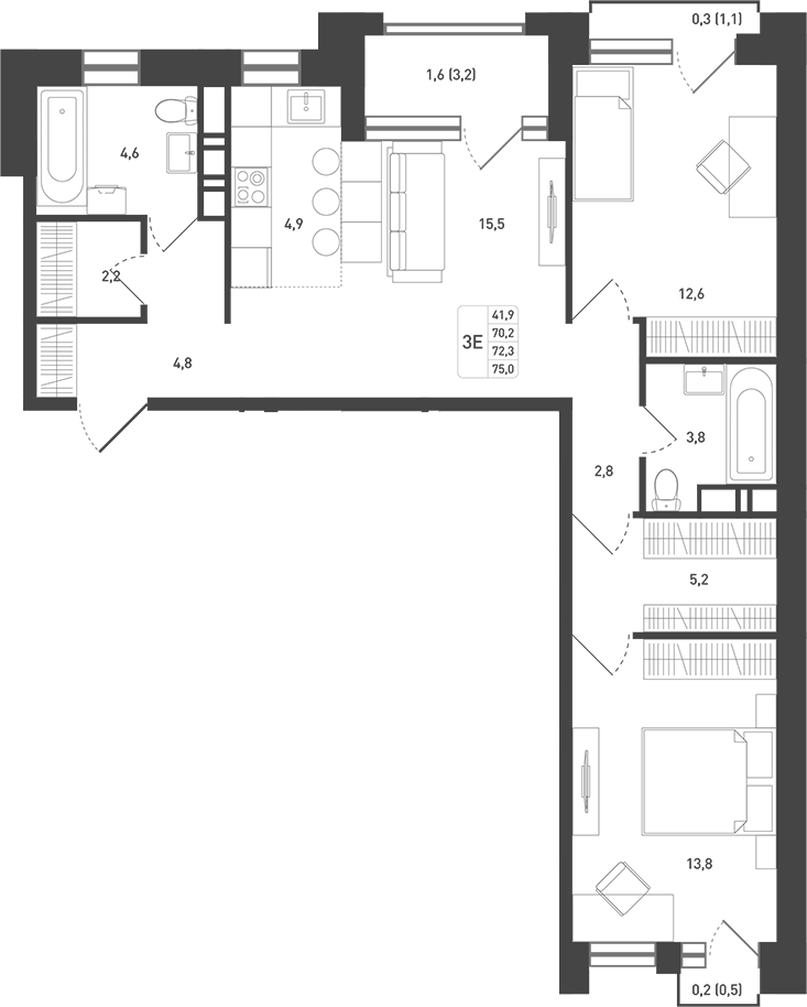3-комн., 74 м², 4/8 этаж, ЖК «Новая Щербинка»