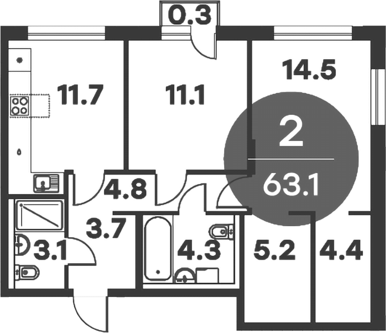 2-комн., 62.8 м², 4/6 этаж, ЖК «Равновесие»