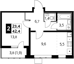2-комн., 40.5 м², 13/24 этаж, ЖК «1-й Южный»
