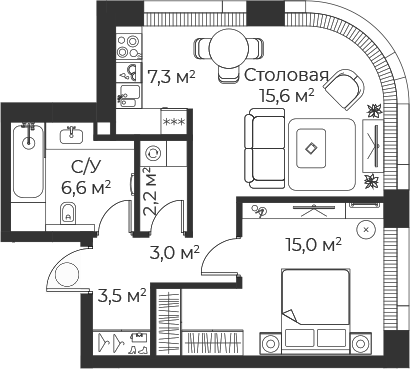 2-комн., 53.2 м², 9/35 этаж, ЖК «Веер»