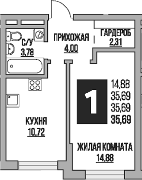1-комн., 35.69 м², 8/8 этаж, ЖК «Гранель Живописный»