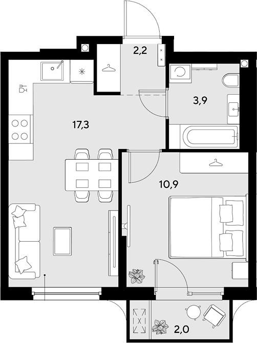 1-комн., 34.3 м², 2/9 этаж, ЖК «Грейд»