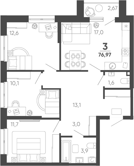 3-комн. квартира, 76.17 м² в ЖК Барса — фото 2