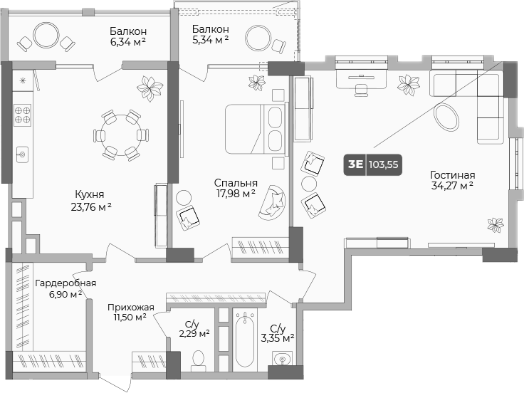 2-комн. квартира, 101.7 м² в ЖК Золотой берег. СЗ Среда — фото 2