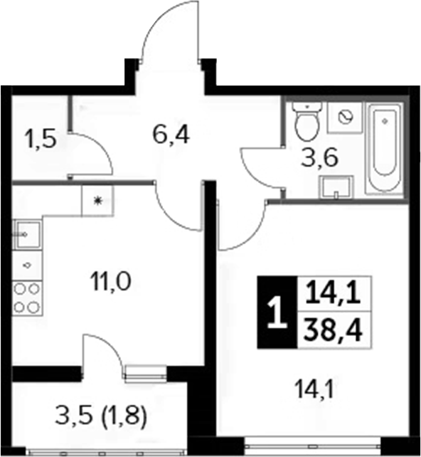 1-комн., 36.6 м², 12/24 этаж, ЖК «Южная Битца»