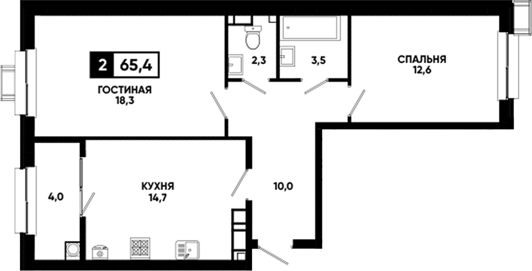 2-комн., 61.4 м², 12/16 этаж, ЖК «Кварталы 17/77»