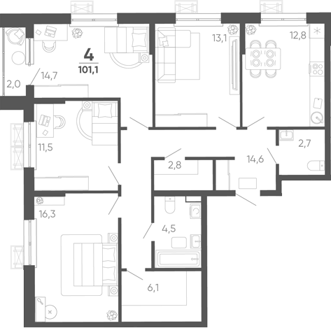4-комн. квартира, 99.1 м² в ЖК Барса — фото 2