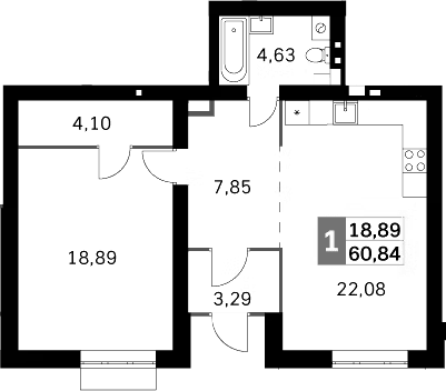 2-комн., 60.84 м², 1/4 этаж, ЖК «Жаворонки Клаб»