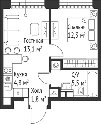 2-комн., 37.5 м², 37/59 этаж, ЖК «СЕТ»