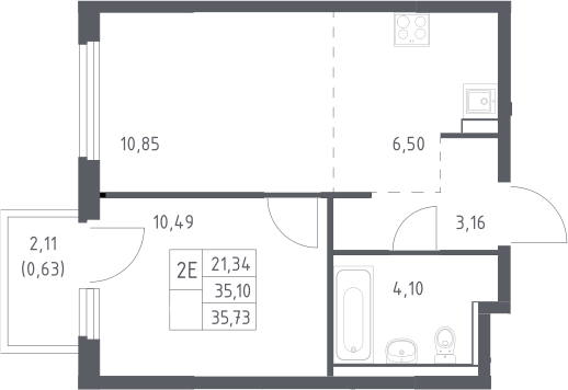 2-комн., 35.1 м², 13/17 этаж, ЖК «Пригород Лесное»