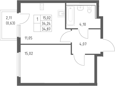 1-комн., 34.24 м², 7/17 этаж, ЖК «Пригород Лесное»