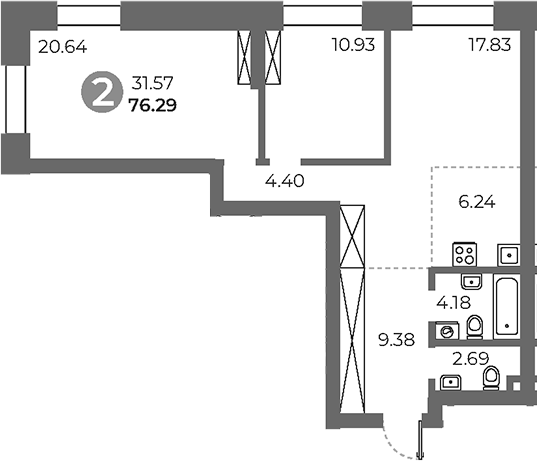 3-комн., 76.29 м², 16/24 этаж, ЖК «Павелецкая от Гранель»