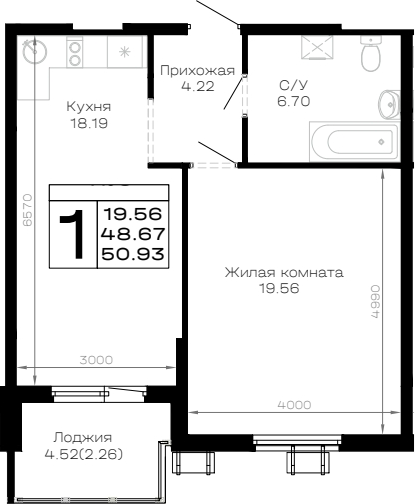 1-комн., 48.67 м², 3/4 этаж, ЖК «Усадьба Гостагаевская»