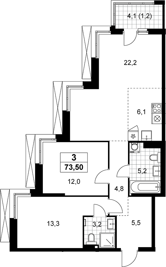 3-комн., 72.3 м², 19/21 этаж, ЖК «Дзен-кварталы»