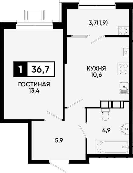 1-комн., 34.8 м², 2/9 этаж, ЖК «Квартал на курорте Моя Легенда»