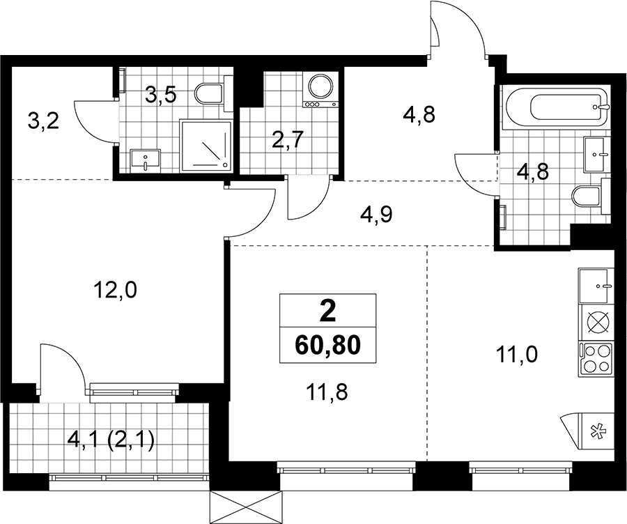 2-комн., 58.7 м², 3/8 этаж, ЖК «Дзен-кварталы»